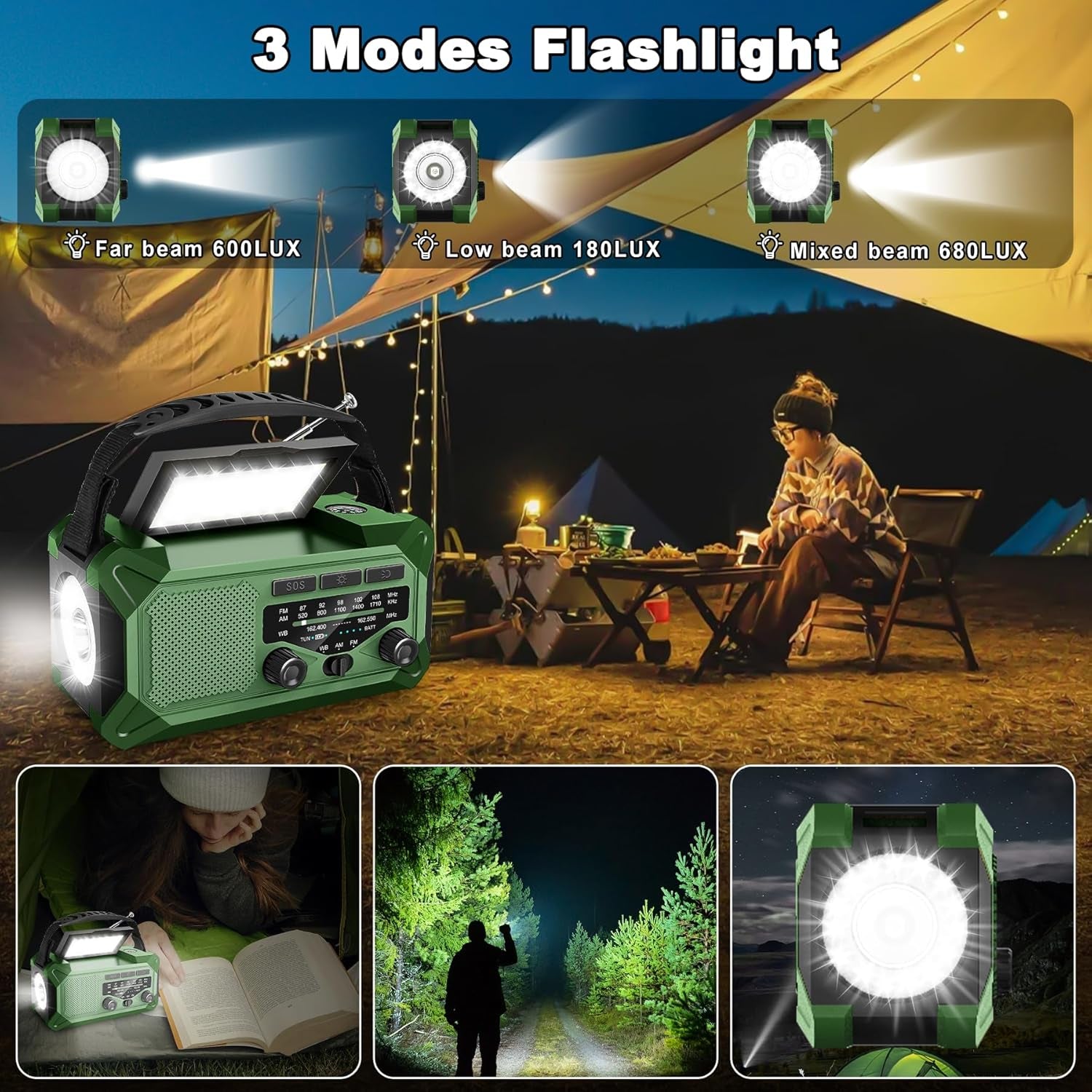10000Mah Emergency Weather Radio with Solar Charging, Hand Crank Radio Solar Radio Portable Radio AM/FM/NOAA Radio LED Flashlight Reading Lamp Compass Phone Charger SOS Alarm for Outdoor Camping