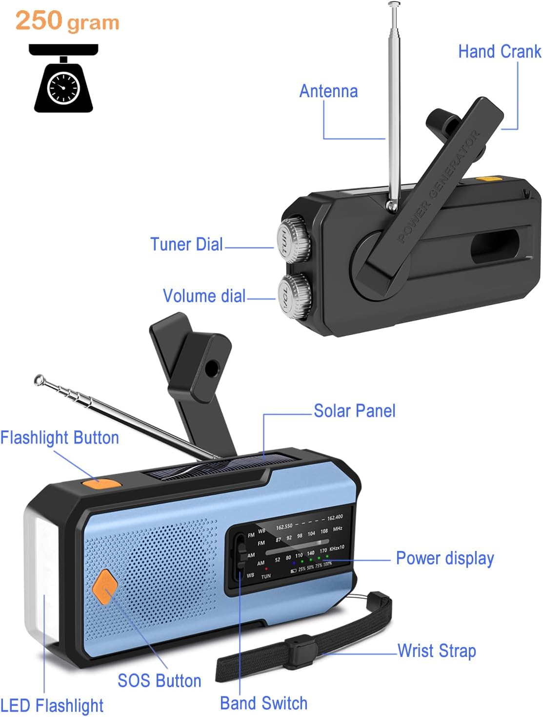 Emergency Hand Crank Radio with 3 LED Flashlight, AM/FM/NOAA Portable Weather Radio with Phone Charger, Solar Powered USB Charged Radio for Indoor Outdoor Camping, SOS Alarm (WB01 Blue)