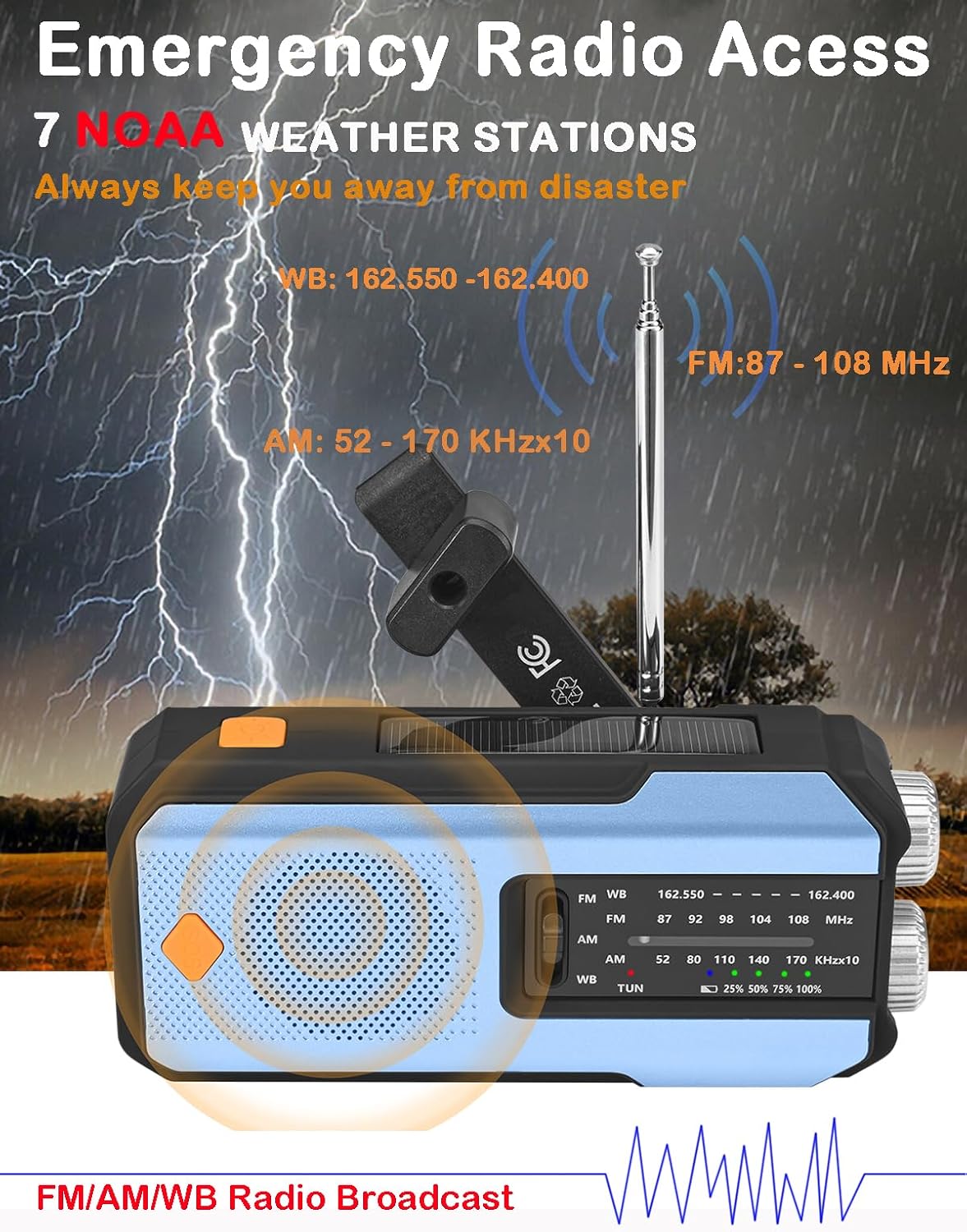 Emergency Hand Crank Radio with 3 LED Flashlight, AM/FM/NOAA Portable Weather Radio with Phone Charger, Solar Powered USB Charged Radio for Indoor Outdoor Camping, SOS Alarm (WB01 Blue)