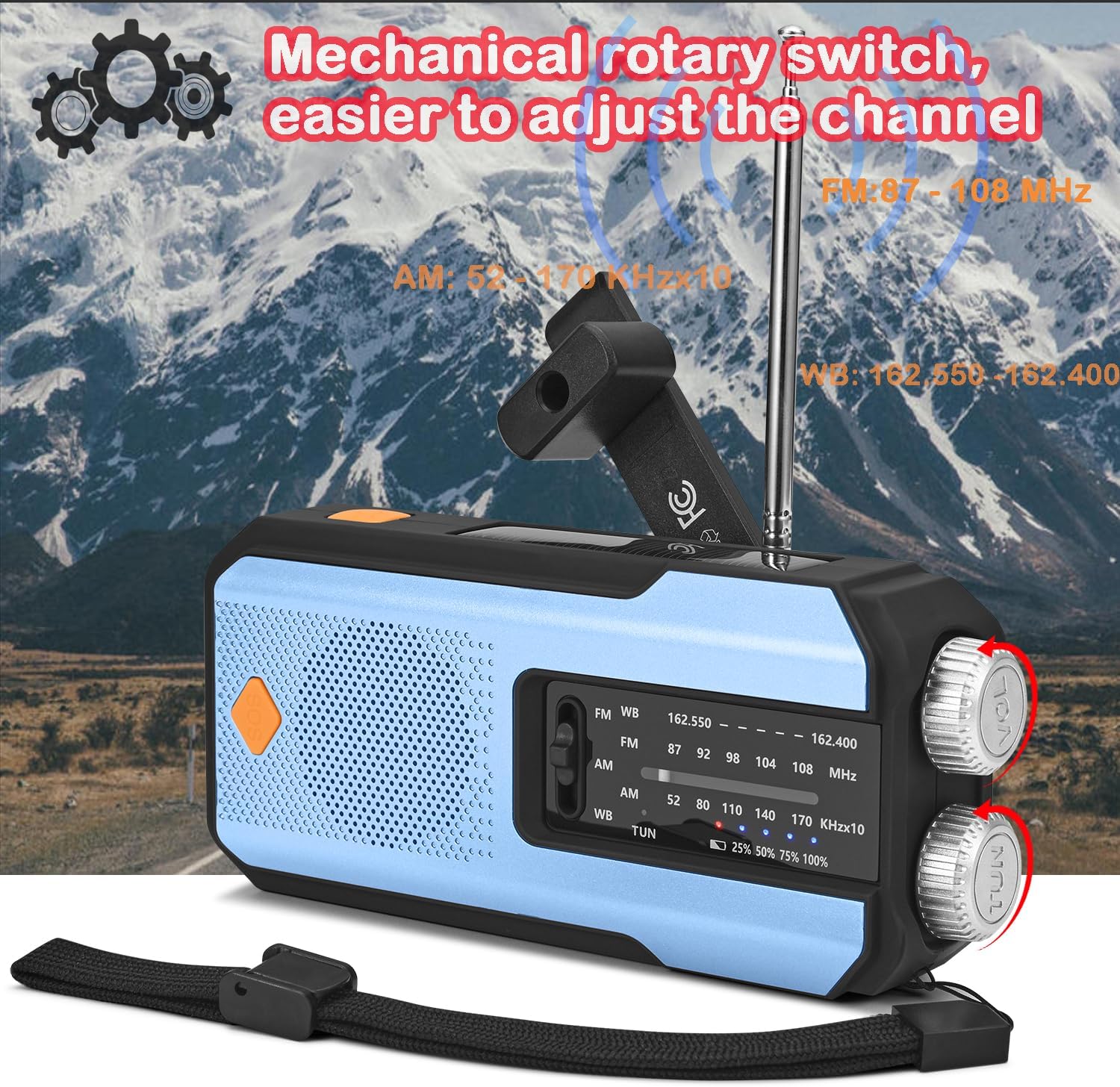 Emergency Hand Crank Radio with 3 LED Flashlight, AM/FM/NOAA Portable Weather Radio with Phone Charger, Solar Powered USB Charged Radio for Indoor Outdoor Camping, SOS Alarm (WB01 Blue)