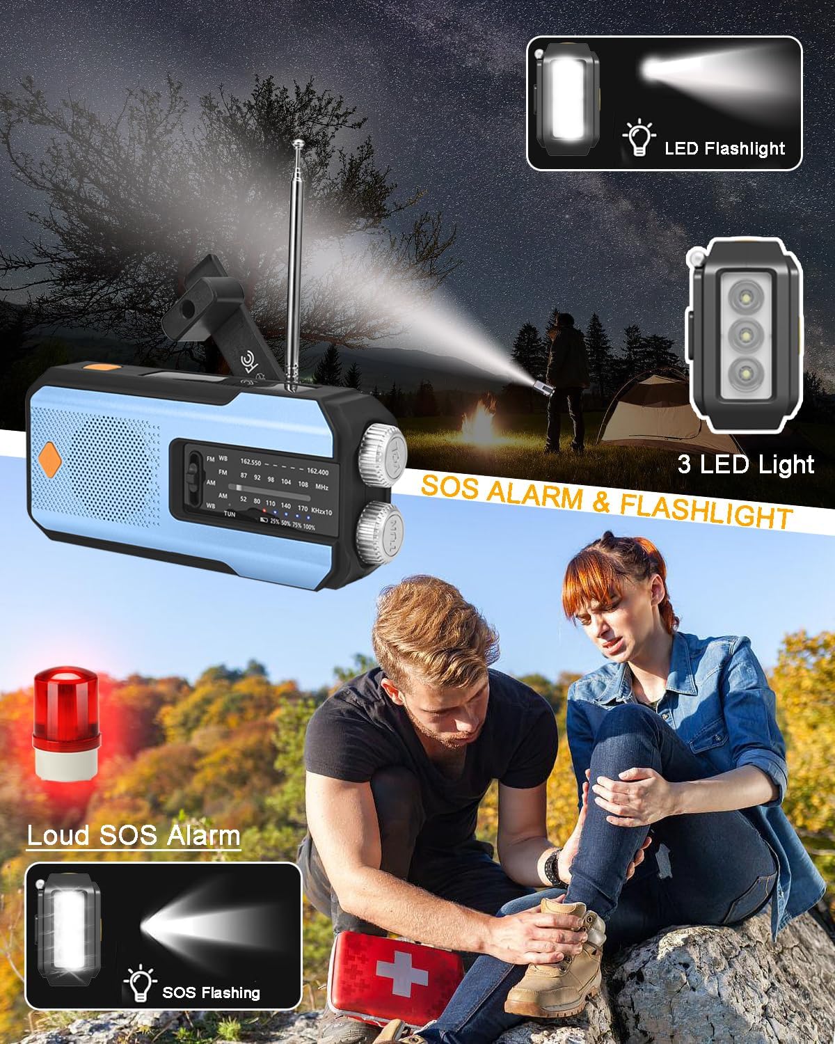 Emergency Hand Crank Radio with 3 LED Flashlight, AM/FM/NOAA Portable Weather Radio with Phone Charger, Solar Powered USB Charged Radio for Indoor Outdoor Camping, SOS Alarm (WB01 Blue)