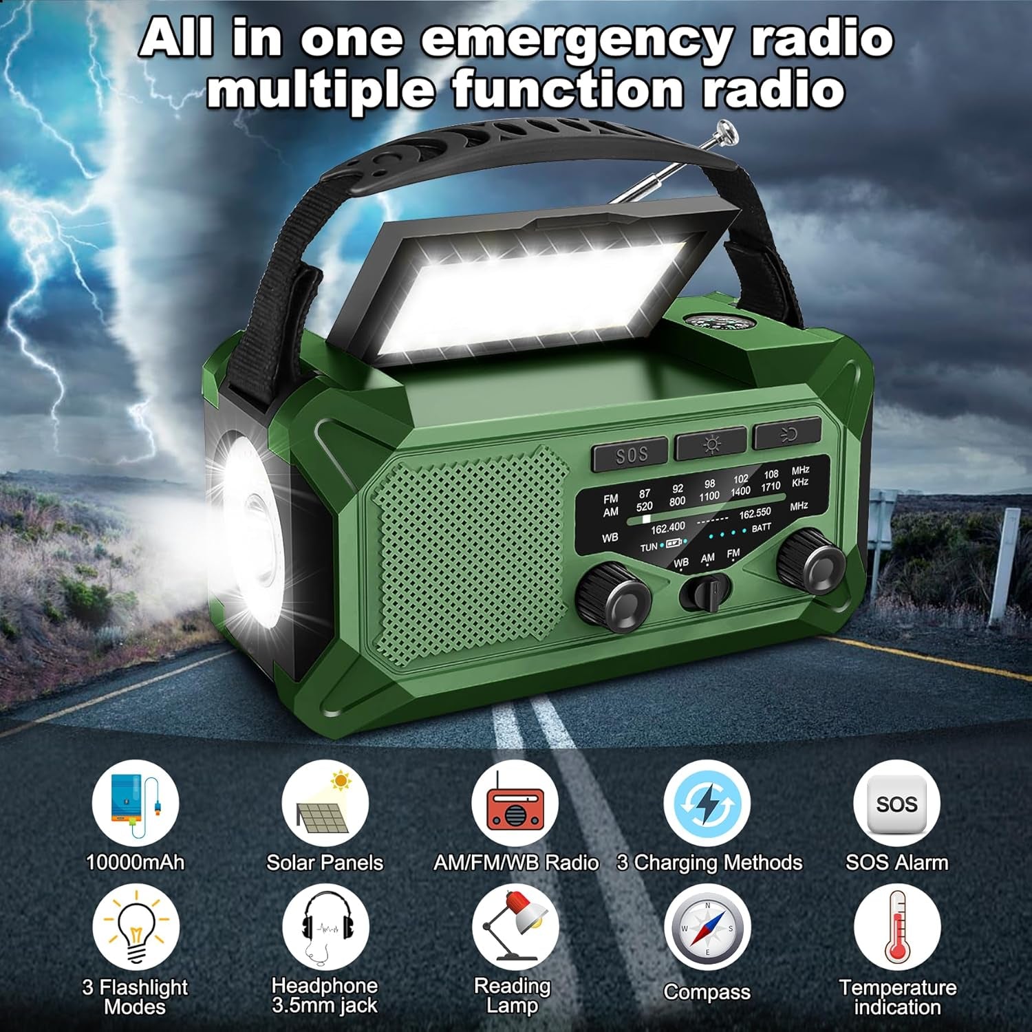 10000Mah Emergency Weather Radio with Solar Charging, Hand Crank Radio Solar Radio Portable Radio AM/FM/NOAA Radio LED Flashlight Reading Lamp Compass Phone Charger SOS Alarm for Outdoor Camping