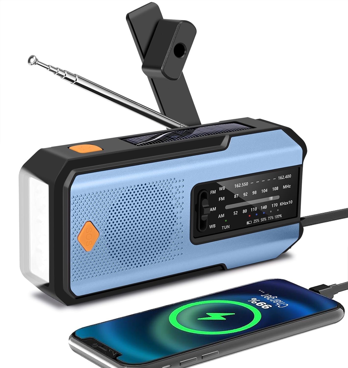 Emergency Hand Crank Radio with 3 LED Flashlight, AM/FM/NOAA Portable Weather Radio with Phone Charger, Solar Powered USB Charged Radio for Indoor Outdoor Camping, SOS Alarm (WB01 Blue)