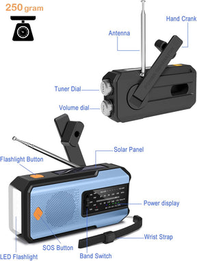 Emergency Hand Crank Radio with 3 LED Flashlight, AM/FM/NOAA Portable Weather Radio with Phone Charger, Solar Powered USB Charged Radio for Indoor Outdoor Camping, SOS Alarm (WB01 Blue)