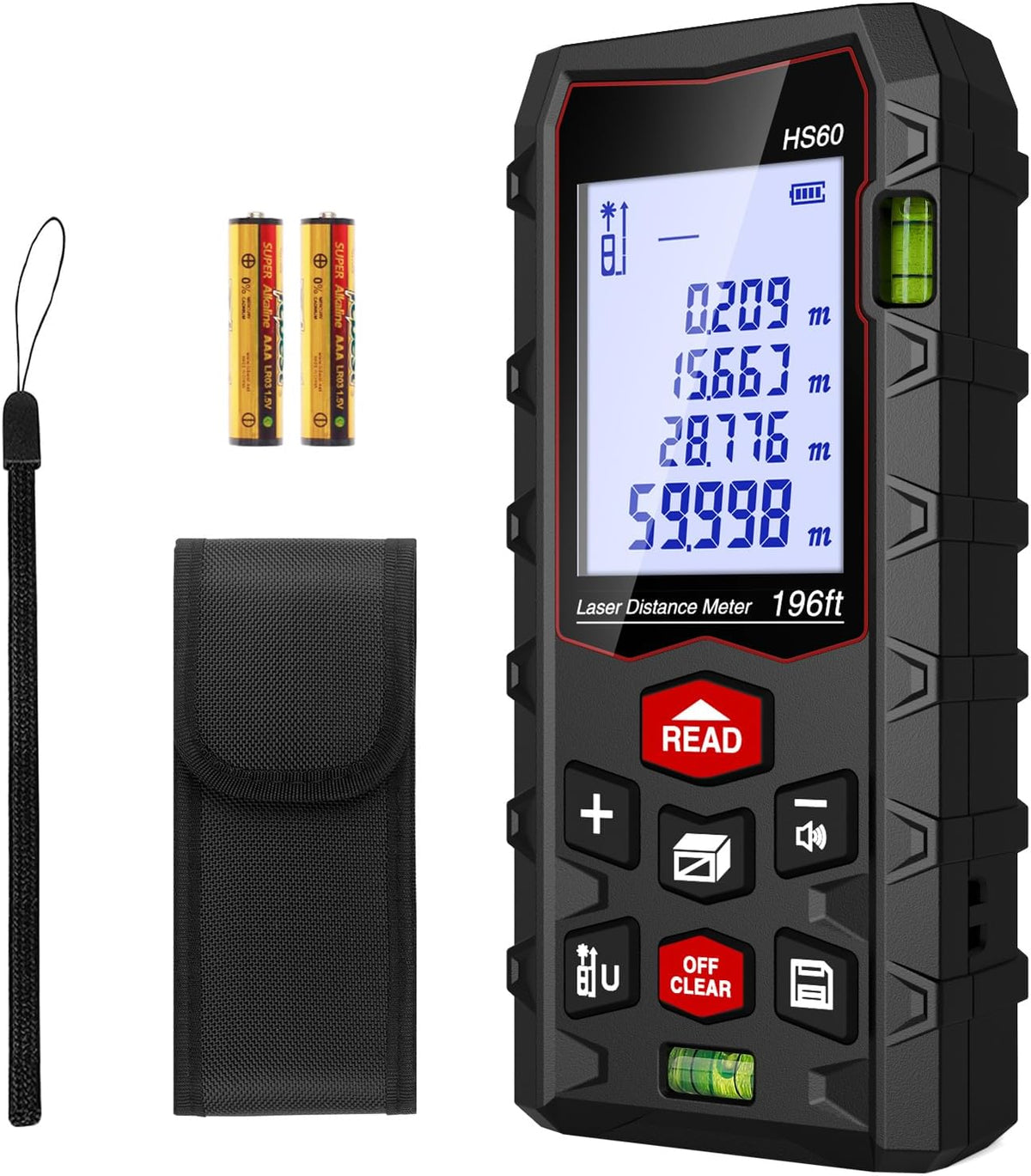 Laser Measure 196Ft,  Laser Distance Meter 60M(M/In/F) with 2 Bubble Levels, Mute Function IP54 Waterproof Large LCD Backlit, for Pythagorean Mode, Measuring Distance, Area, Volume
