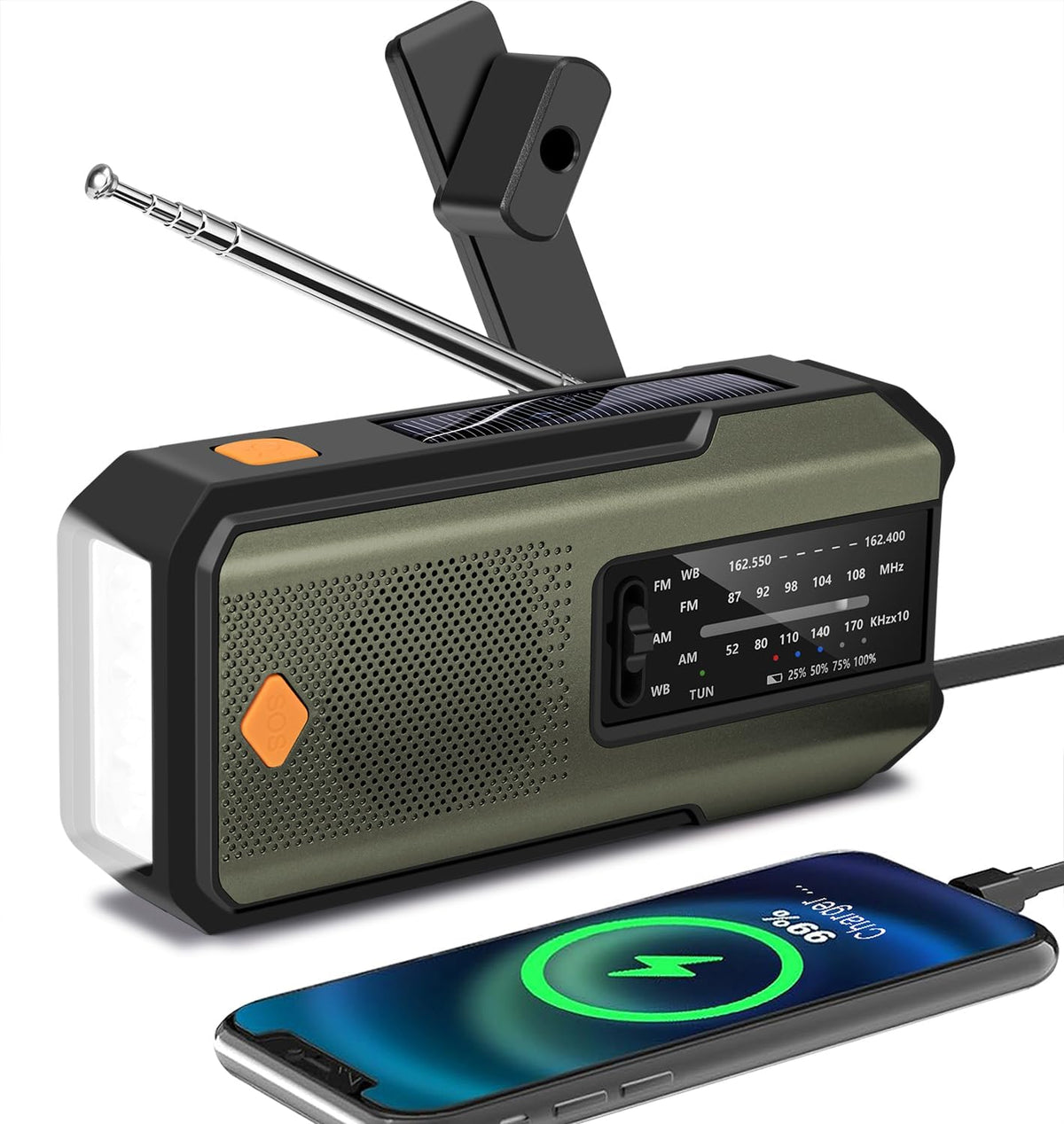 Emergency Hand Crank Radio with 3 LED Flashlight, AM/FM/NOAA Portable Weather Radio with Phone Charger, Solar Powered USB Charged Radio for Indoor Outdoor Camping, SOS Alarm (WB01 Green)