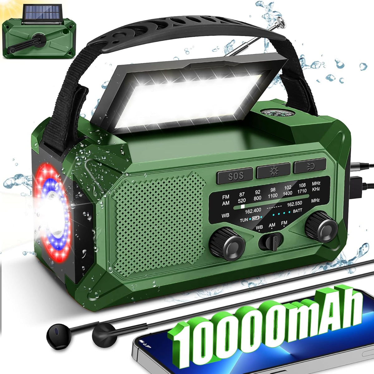 10000Mah Emergency Weather Radio with Solar Charging, Hand Crank Radio Solar Radio Portable Radio AM/FM/NOAA Radio LED Flashlight Reading Lamp Compass Phone Charger SOS Alarm for Outdoor Camping