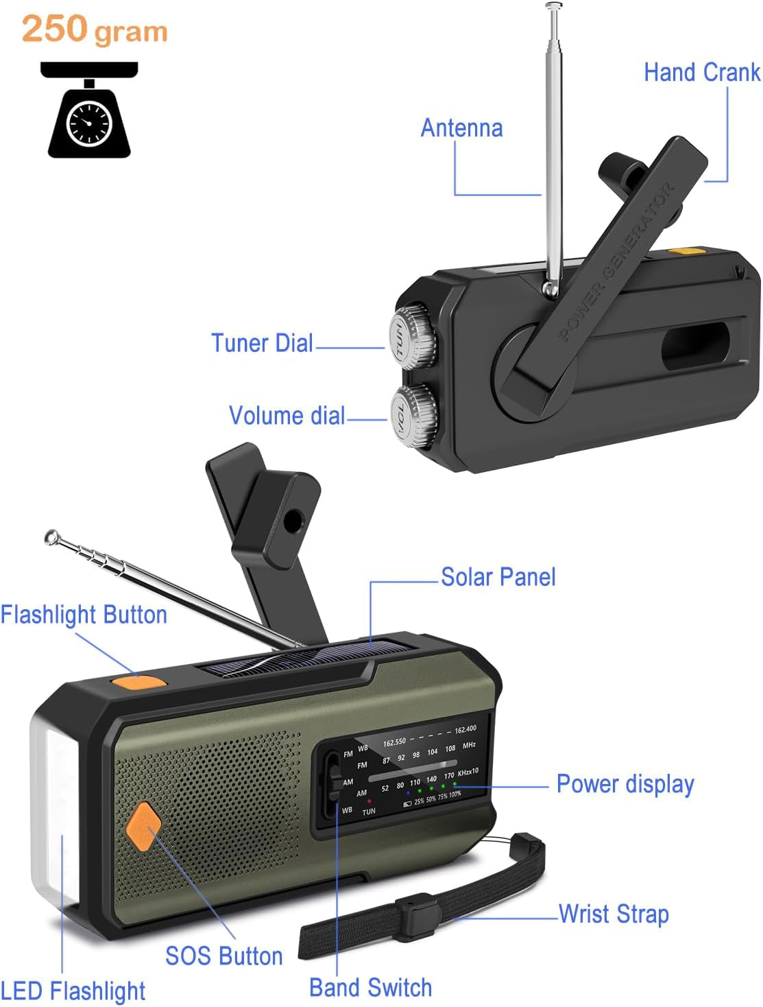 Emergency Hand Crank Radio with 3 LED Flashlight, AM/FM/NOAA Portable Weather Radio with Phone Charger, Solar Powered USB Charged Radio for Indoor Outdoor Camping, SOS Alarm (WB01 Green)
