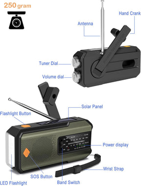 Emergency Hand Crank Radio with 3 LED Flashlight, AM/FM/NOAA Portable Weather Radio with Phone Charger, Solar Powered USB Charged Radio for Indoor Outdoor Camping, SOS Alarm (WB01 Green)