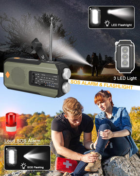 Emergency Hand Crank Radio with 3 LED Flashlight, AM/FM/NOAA Portable Weather Radio with Phone Charger, Solar Powered USB Charged Radio for Indoor Outdoor Camping, SOS Alarm (WB01 Green)